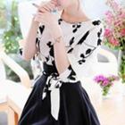 Set: Elbow-sleeve Flower Embroidered Top + A-line Skirt