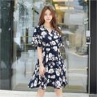 Short-sleeve Wrap-front Floral A-line Dress