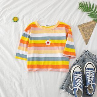 Striped Flower Embroidered Cropped T-shirt As Shown In Figure - One Size
