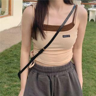 Mock Two-piece Cropped Suspender Top Almond - One Size