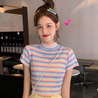 Short-sleeve Striped Mock Neck Knit Top As Shown In Figure - One Size