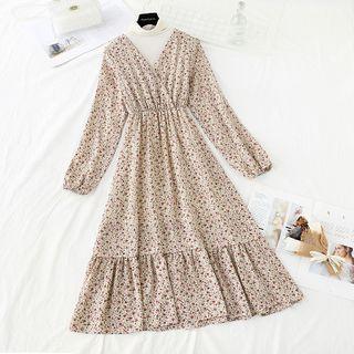 Set: Long-sleeve Floral Print Midi Dress + Long-sleeve Mock-neck Top