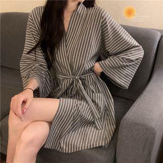 V-neck Striped Lace-up Long-sleeve Sleep Dress Gray & White - One Size