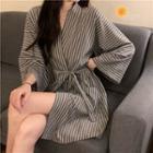 V-neck Striped Lace-up Long-sleeve Sleep Dress Gray & White - One Size