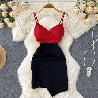 Spaghetti-strap Two-tone Sheath Dress