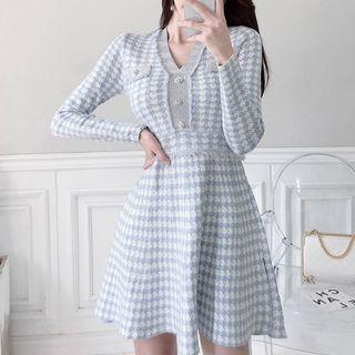 Houndstooth Long-sleeve A-line Knit Dress