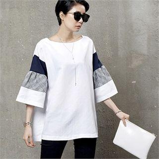 Bell-sleeve Color-block Linen Blend Top