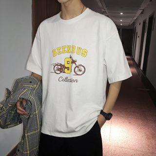 Elbow-sleeve Bike Print T-shirt