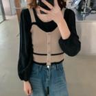 Puff-sleeve Round-neck Plain Shirt / Color-block Knit Camisole