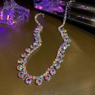 Rhinestone Fringed Choker Rhinestone - Iridescent - Blue - One Size