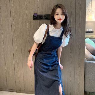 Denim Strappy Midi A-line Dress / Short-sleeve Top
