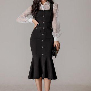 Set: Long-sleeve Lace Shirt + Sleeveless Midi Mermaid Dress
