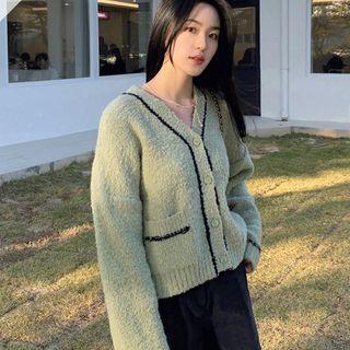 Drop-shoulder Contrast-trim Boucle Knit Cardigan