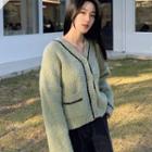 Drop-shoulder Contrast-trim Boucle Knit Cardigan
