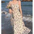 Long-sleeve Floral Print Midi A-line Dress / Spaghetti-strap Dress