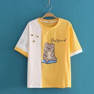 Color-block Bear Print T-shirt