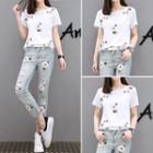 Set: Short-sleeve Embroidered T-shirt + Jeans