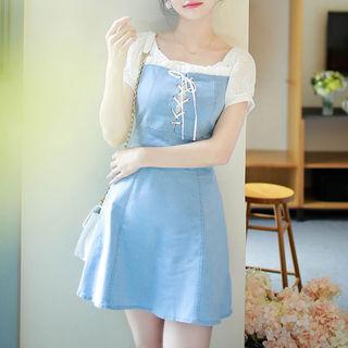 Lace-up Denim Mock Two-piece Minidress Blue - One Size