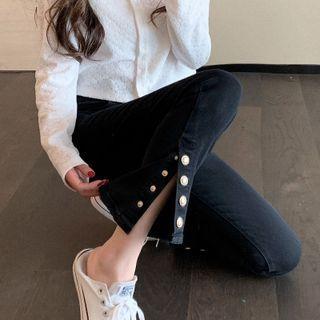 High Waist Buttoned Cropped Flared Jeans