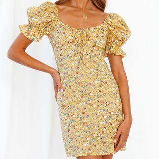 Puff-sleeve Flower Print Mini Sheath Dress
