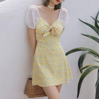 Set: Short-sleeve Flower Print Swimdress + Swim Shorts