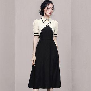 Set: Short-sleeve Collar Jacket + Midi A-line Dress