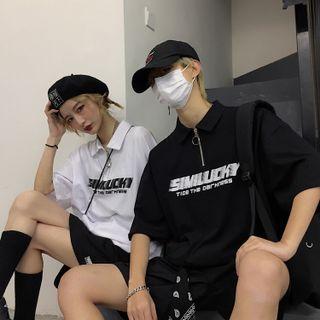 Short-sleeve Lettering Stand-collar T-shirt