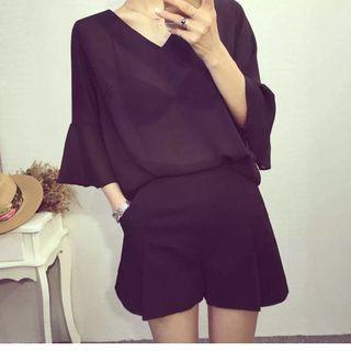 Set: Cross Back V-neck Elbow-sleeve Top + Shorts