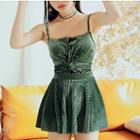 Set: Spaghetti Strap Front Knot Velvet Swimsuit + Swim Skirt