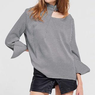 Plaid Cut Out Shoulder Blouse