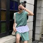 Set: Short-sleeve Lettering T-shirt + Wide Leg Shorts Green - One Size