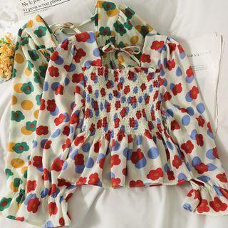 Puff-sleeve Printed Smocked Crop Top In 5 Colors