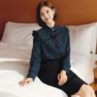 Frill-trim Patterned Blouse With Brooch