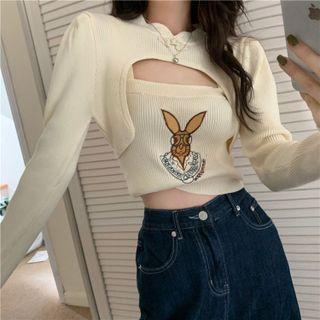 Set: Long Sleeve Crop Top + Embroidered Tank Top