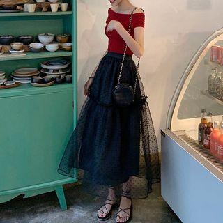 Dot Mesh Overlay Midi Skirt / Short-sleeve Off-shoulder Top