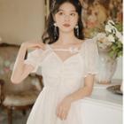 Puff-sleeve Shirred A-line Eyelet Lace Dress