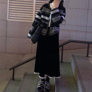 Striped Button-up Jacket / Midi Skirt