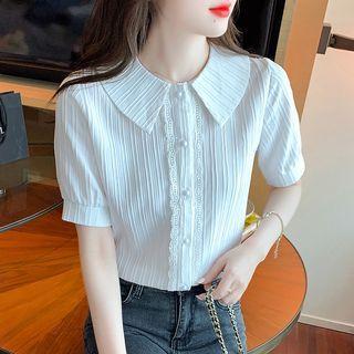 Puff-sleeve Lace Trim Ribbed Blouse