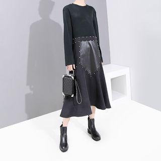 Studded Long-sleeve Midi Shift Dress