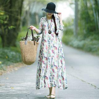 3/4-sleeve Bird Print Midi A-line Dress