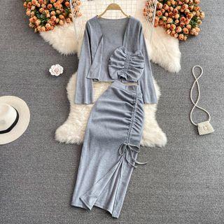 Set: Drawstring Bandeau Top + Skirt+ Cardigan