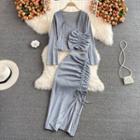 Set: Drawstring Bandeau Top + Skirt+ Cardigan