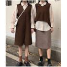 Ruffle Shirt / Knit Vest / Sleeveless Midi Dress