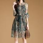 Set: Elbow-sleeve Floral Chiffon Dress + Slipdress