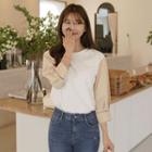 Contrast-sleeve Crochet-trim Blouse