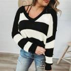 Plus Size V-neck Two-tone Striped Sweater