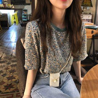 Flower Print Elbow-sleeve T-shirt Neck - Green - One Size