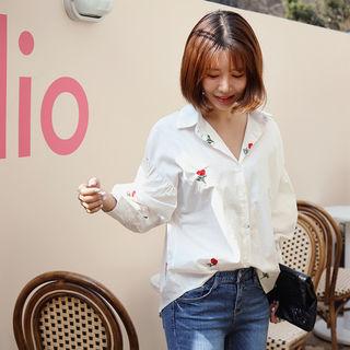 Puff-sleeve Floral-embroidered Shirt