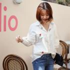Puff-sleeve Floral-embroidered Shirt