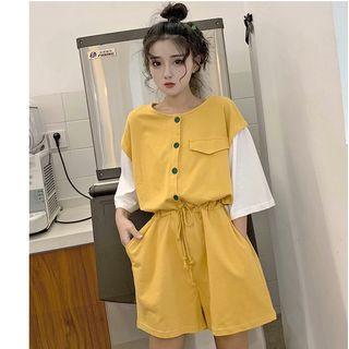 3/4-sleeve Color Block Letter Wide-leg Playsuit